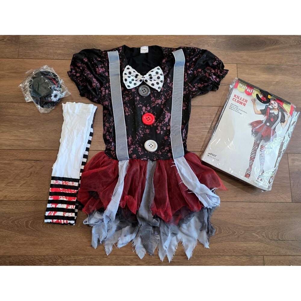 NEW Killer Clown Costume Adult Womens S M 2-8 Teen Spirit Halloween 3 pc Cosplay